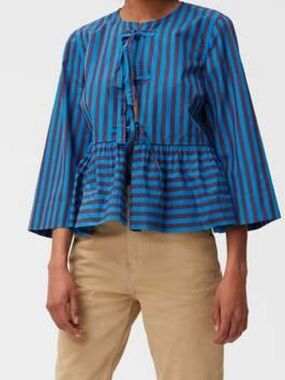 GANNI Striped Blue and Maroon Peplum Tie-Front Port Royale Top | Size 38 / M